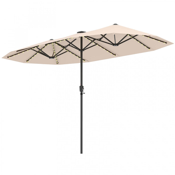 Costway 13 FT Large Patio Umbrella with LED Solar Lights Crank Handle 12 Heavy-Duty Ribs Beige