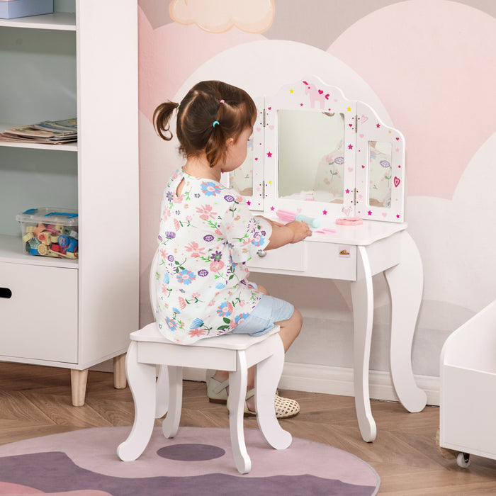 Qaba Kids Vanity Table & Stool Girls Dressing Set Make Up Desk With Tri-folding Mirrors Drawer Star & Heart Pattern White