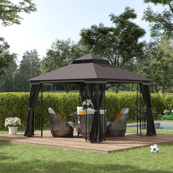 Outsunny 10' X 10' Outdoor Patio Gazebo Canopy With Double Tier Roof, Removable Mesh Curtains, Display Shelves, Top Hooks, Coffee