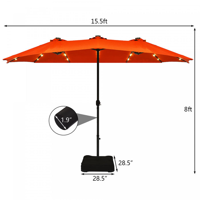Costway 15Ft Patio Double-Sided Solar LED Market Umbrella Crank Base Orange