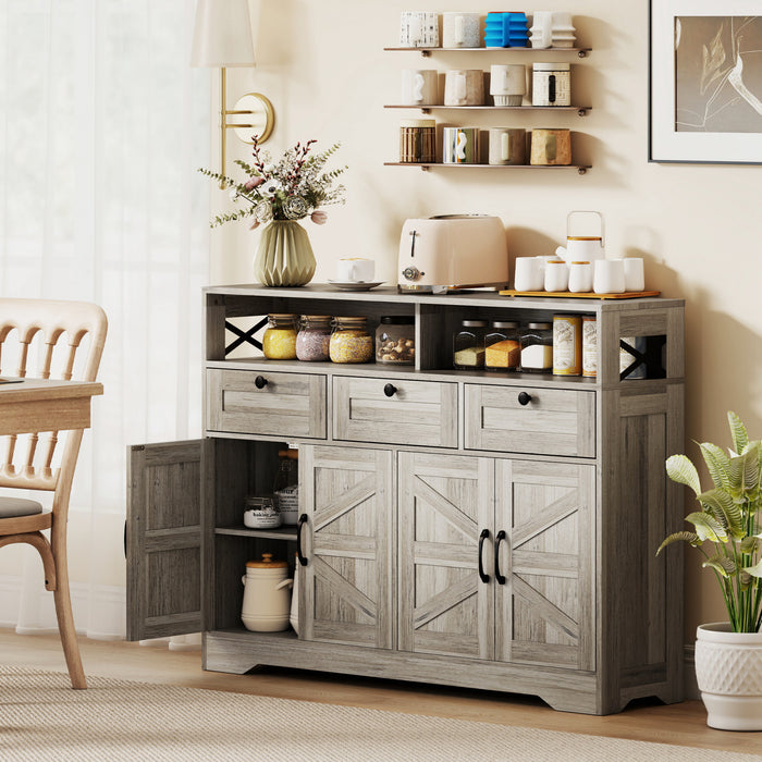 HOMCOM Sideboard, Buffet Cabinet with 4 Barn Doors and 3 Drawers Grey