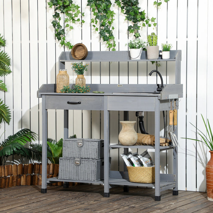 Outsunny Potting Bench Table, Garden Work Bench Workstation with Drawer