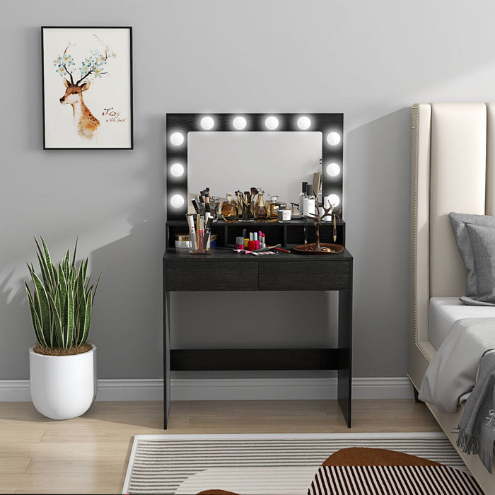 HOMCOM Vanity Table with LED Mirror, Makeup Desk with 2 Drawers, Black