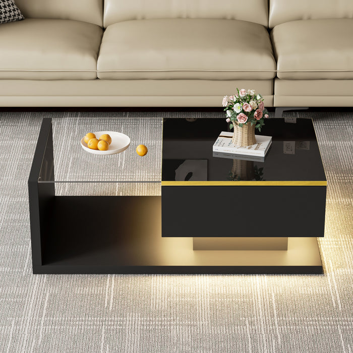 Maxwell High-Gloss 39.4\" Long Coffee Table with Glass and LED Effect,Black