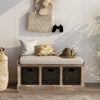 Leif Solid Wood And Rattan Baskets Storage Bench With Cushioned Seat - White | Banc De Rangement Leif En Bois Massif Avec Paniers En Rotin Et Assise Rembourree, Blanc