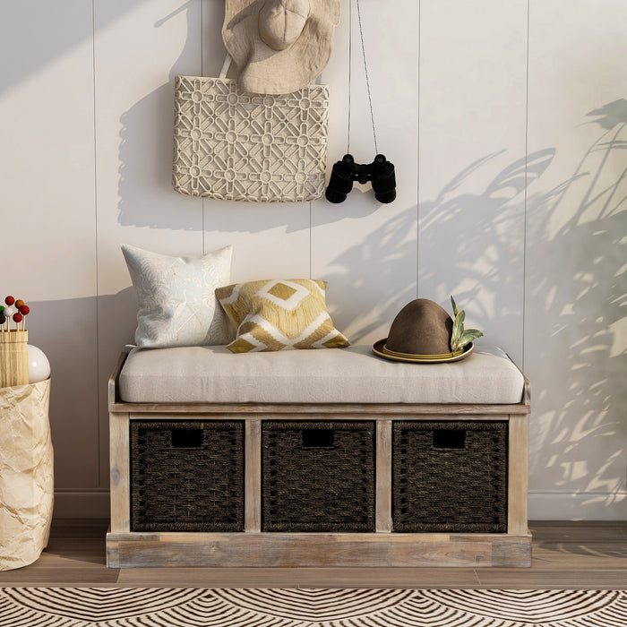 Leif Solid Wood And Rattan Baskets Storage Bench With Cushioned Seat - White