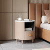 Olivia Modern Curved Design Round Nightstand with Storage Drawer,Haiki  | La table de nuit moderne Olivia au design incurve avec tiroir de rangement, couleur Haiki