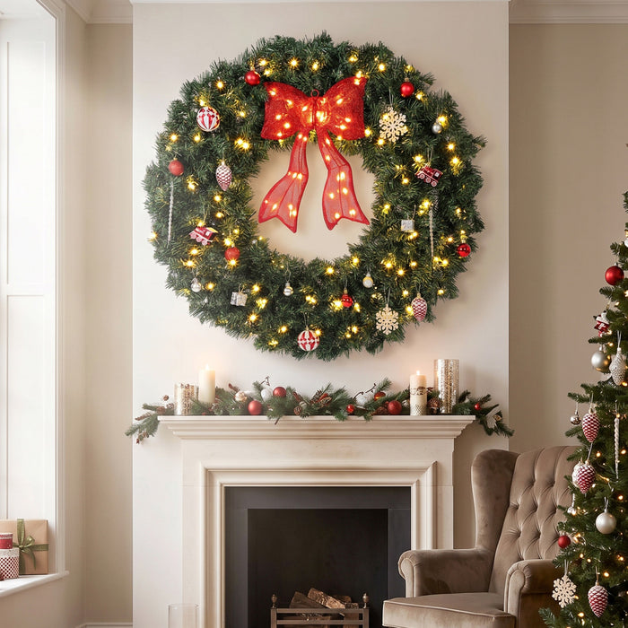 HOMCOM 36 Inch Pre-Lit Christmas Wreath, Artificial Xmas Wreath, Green