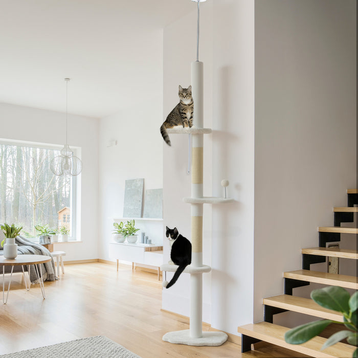 PawHut Floor to Ceiling Cat Tree with Scratching Posts, 88.5\"-100.5\" Adjustable Height Cat Tower with Cloud Shaped Platforms, Dangling Balls, Cream