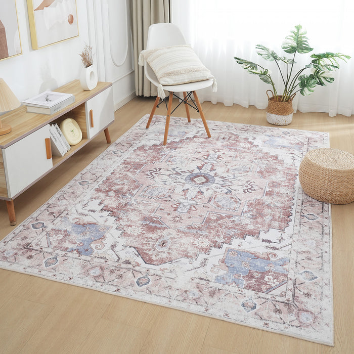 Aqua Rustic Washable Non-slip Low Pile Area Rug 5'x7'