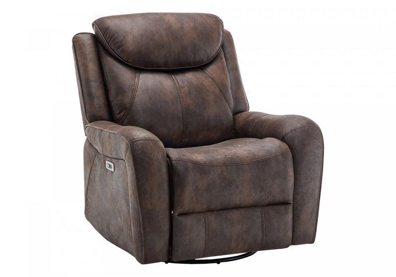 MONARCH SPECIALTIES POWER RECLINING CHAIR, 37\" WIDE, GLIDER, SWIVEL, USB PORTS INCLUDED, BROWN LEATHER-LOOK RECLINER