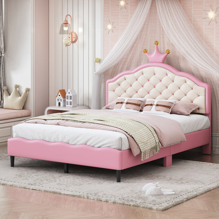 Lily Lovely Crown Fantasy Princess Bed with Tufted PU Leather Headboard,Full Size Full Bed