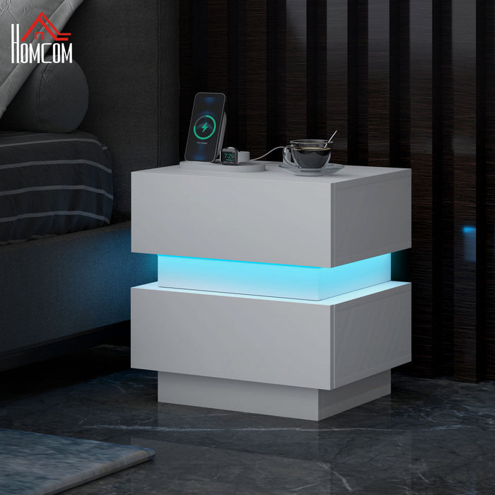 HOMCOM Modern Nightstand with Charging Station and LED Light for Bedroom