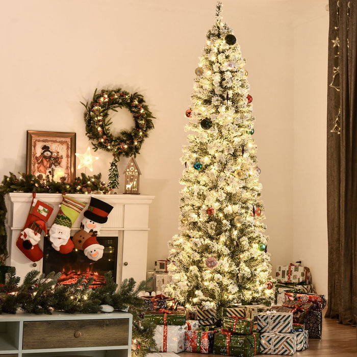 Homcom 7.5ft Prelit Artificial Snow Flocked Pencil Christmas Tree