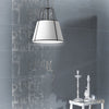 Dainolite Trapezoid 3 Light Pendant Trapezoid Black/White Shade White Fabric Diffuser Lamp|Luminaire suspendu Trapezoid de Dainolite avec abat-jour trapézoïde noir et blanc qui diffuse la lumière, tissu blanc et 3 ampoules