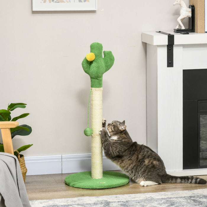 Pawhut 33\" Cactus Cat Scratching Post For Indoor Cats, Sisal Cat Scratcher With Hanging Ball, Green