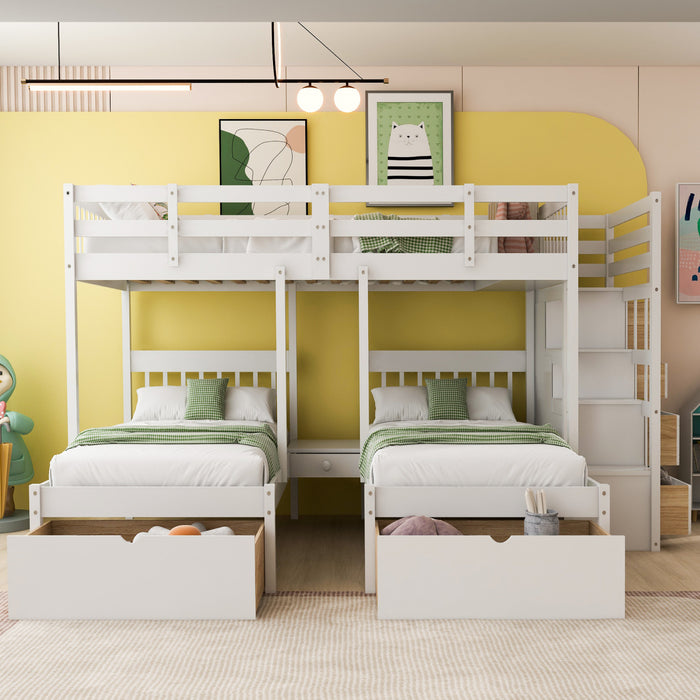 Claire Solid Wood Twin Triple Bunk Bed With Drawers And Guardrails - White