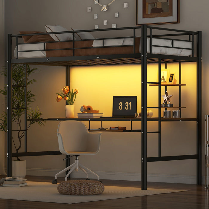 Andy Twin Loft Space-saving Metal Bed With Desk And Led Light, Black