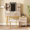 Victoria 7-Drawer Vanity Table Set with LED Mirror and Metal Legs,Yellow Brown Mirror Cabinet  | Victoria Ensemble de coiffeuse 7 tiroirs avec miroir LED et pieds en metal, Brun Jaune