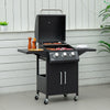 Outsunny 3 Burner Gas Grill, Portable Outdoor Propane Grill with Wheels, Carbon Steel Barbecue Trolley, Side Shelves, Warming Rack, Storage Cabinet, Thermometer, Black
