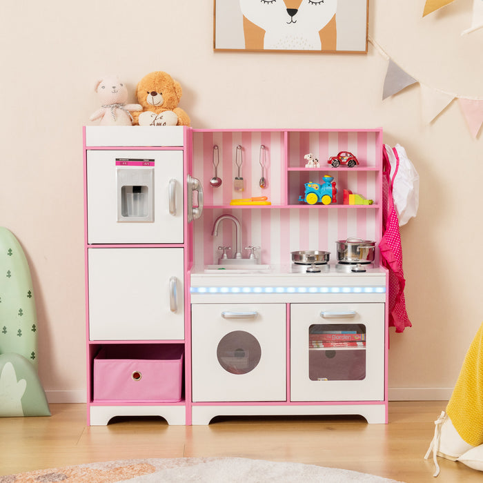Costway Kids Kitchen Playset Wooden Toy With Adjustable Led Lights & Washing Machine