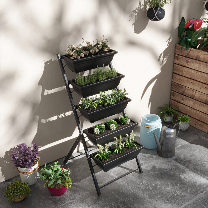 Outsunny 5-tier Raised Garden Bed With 5 Planter Boxes, Outdoor Plant Stand Grow Containers With Leaking Holes For Balcony Patio Outdoor, Black