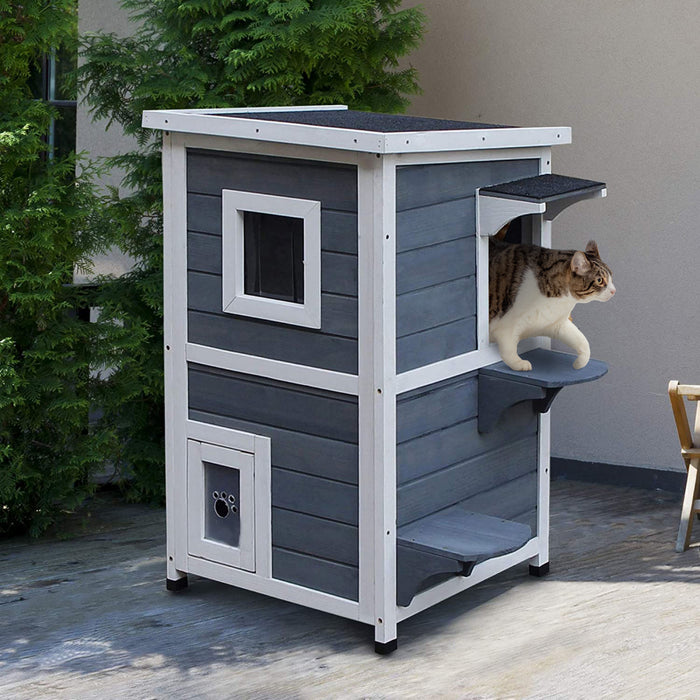 Pawhut 2 Story Outdoor Cat House, Outdoor Cat Enclosure Wooden Cat Shelter With Windows, Platforms, Openable Top, Asphalt Roof, Grey