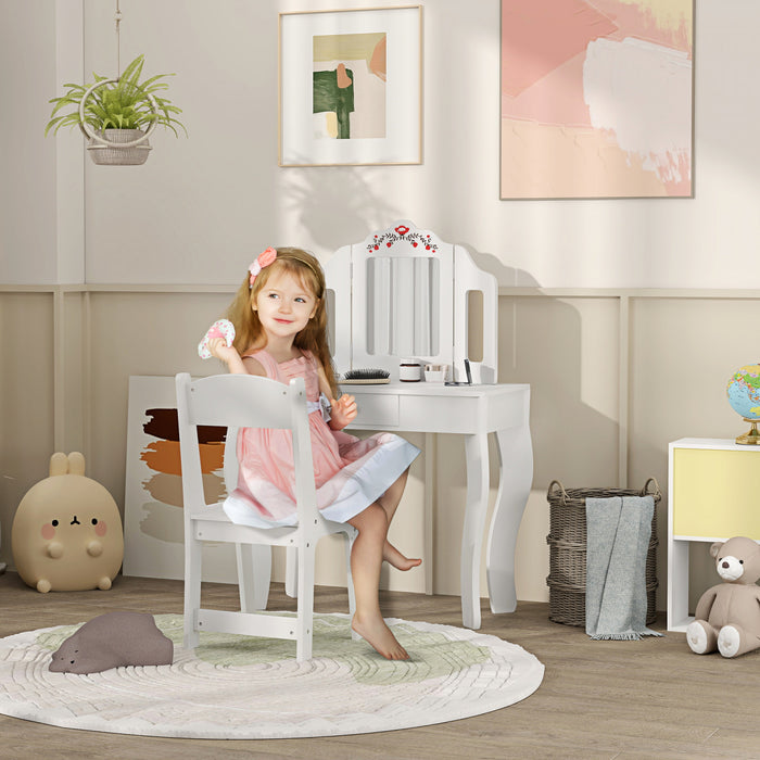 Qaba Kids Vanity Set, Dual-use Dressing Table With Removable Tri-folding Mirror, Makeup Table With Stool And Drawer, For Ages 3-8, White