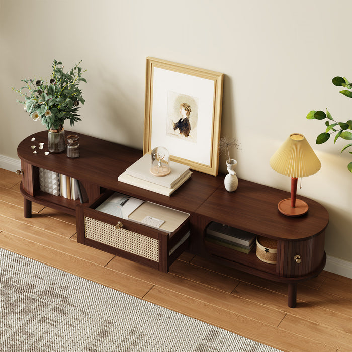 Rustic 67 Inch TV Cabinet with Rattan Sliding Doors and Drawers, Wood