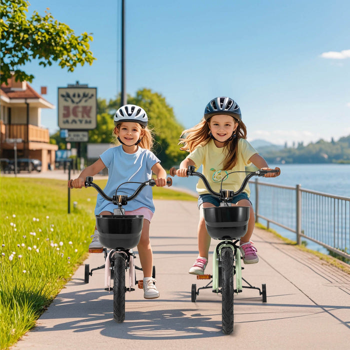 Costway 18\" Kid's Bike With Training Wheels Adjustable Handlebar & Seat Handbrake Green