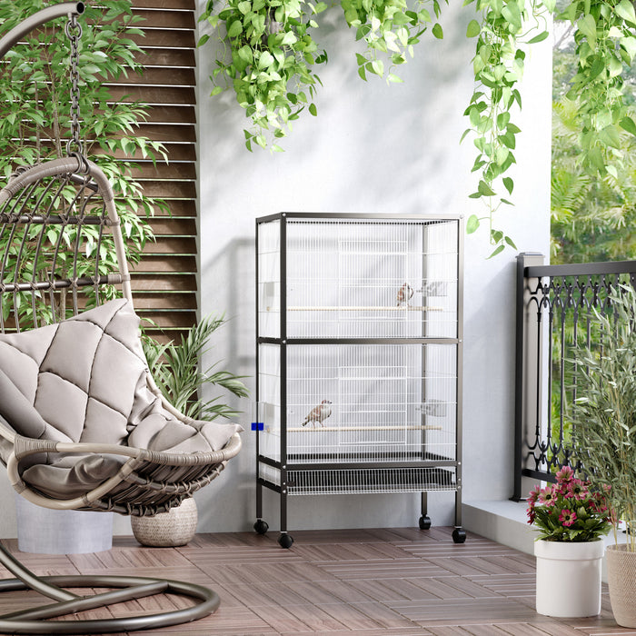 Pawhut 30x20.5x54-inch Bird Cage Parrot Macaw Finch Cockatoo Flight Cage With Wheels Black/white