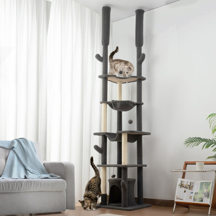 Pawhut Floor To Ceiling Cat Tree, 89\"-100\" Adjustable Height Cat Tower For Large Cats With Scratching Posts, Grooming Brush Post, Cat Condo, Perches, Hammocks, Balls, Grey