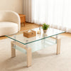 Liam Modern Rectangle Clear Tempered Glass Coffee Table,Oak | Table basse moderne rectangulaire en verre trempe transparent Liam, finition chene