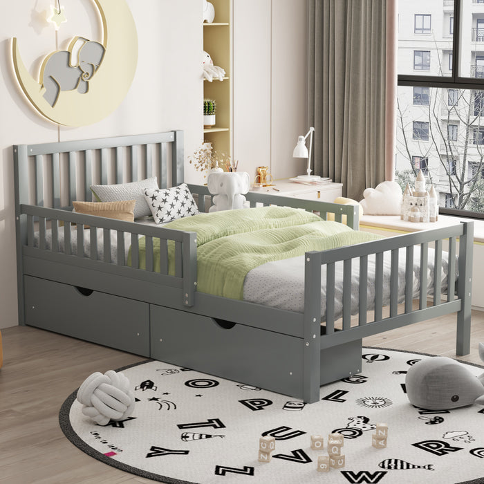 Emma Wood Platform Bed with Guardrails and Storage Drawers,Twin Size - Grey