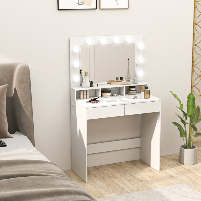 HOMCOM Makeup Vanity Table with LED Mirror and Charging Station, White