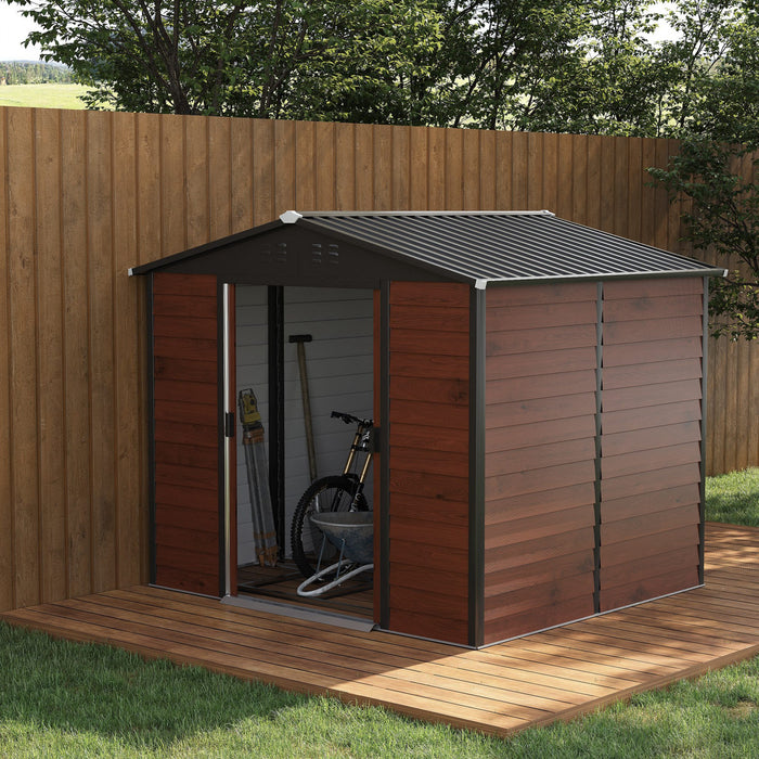Outsunny 8' X 7' Outdoor Storage Shed, Galvanized Steel Metal Garden Shed W/ Double Sliding Lockable Door, Floor Frame, Vents, Waterproof Tool Shed For Backyard, Lawn, Patio, Teak