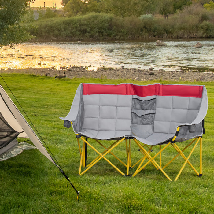 Outsunny Double Seat Camping Chair Folding Loveseat w/ Storage Pocket Red