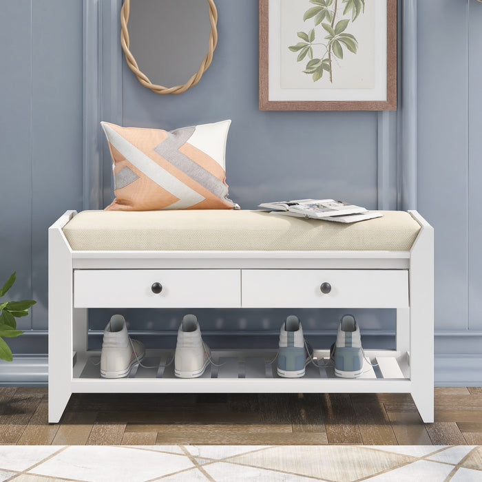 Stephanie Pine Wood Shoe Rack Bench With Cushioned Seat With Storage Drawers - White