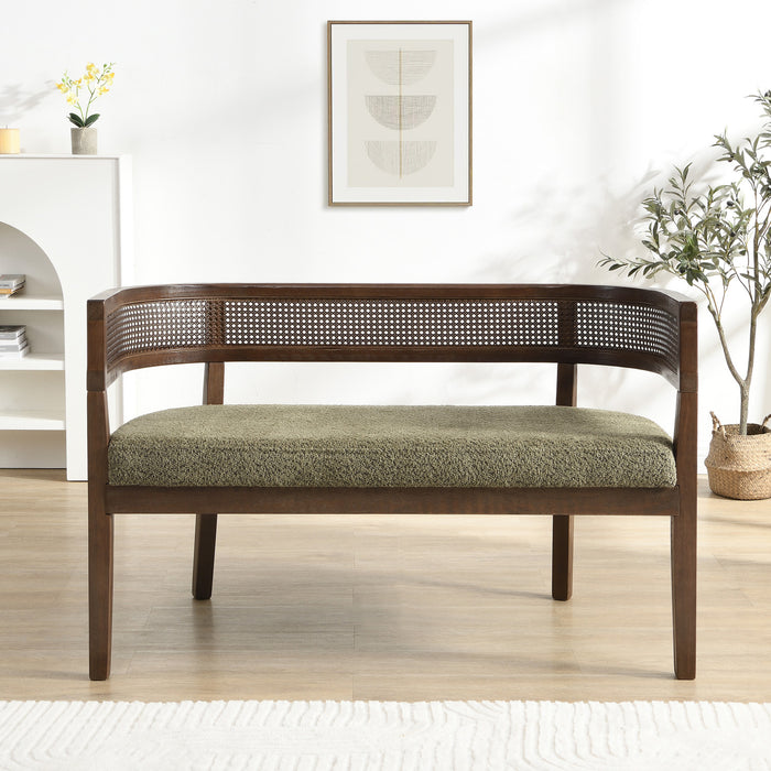 Rattan 47.5 Inch Rattan Upholstered Loveseat with Hand-Woven Backrest, Green, Walnut
