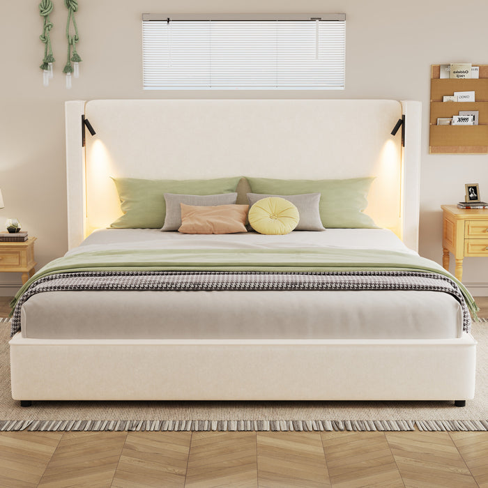 Olivia Upholstered Bed with Wingback Headboard and USB Ports,King Size - Beige