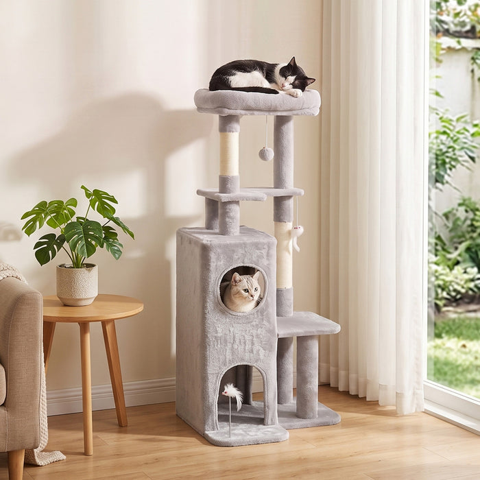 PawHut 52\" Cat Tree, Multi-Level Large Cat Tower House with 2-Tier Condo, Bed, Sisal Scratching Posts and Teaser Toys for Indoor Kittens Activity Center, Light Grey