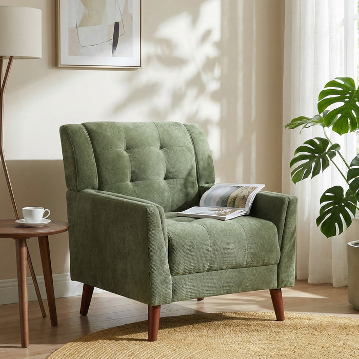 Midway Mid-Century Modern Armchair with Tufted Waffle Stitch, Green, Walnut