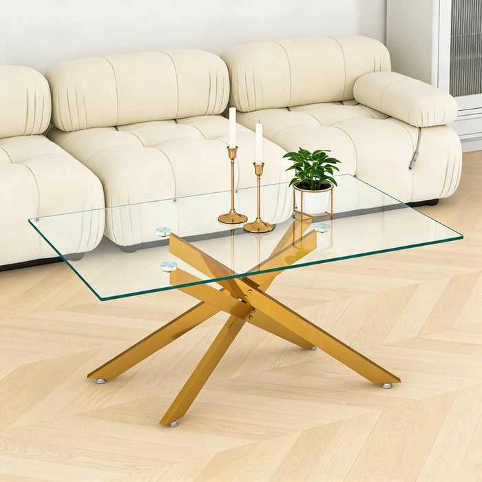 Olivia 39.37\" Rectangular Glass Coffee Table with Stylish Metal Legs,Gold