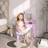 Qaba Kids Vanity Set With Mirror And Stool, Makeup Vanity Table For Children 3-6 Years Old, With Dra|Qaba Table De Vanite Pour Enfants, Vanite De Maquillage Avec Miroir Et Tabouret, Conception De Chat,