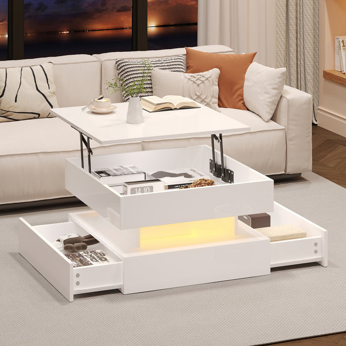 Lumina 25.5 Inch Square Lift-Top Coffee Table with LED Lights and Dual Drawers, White
