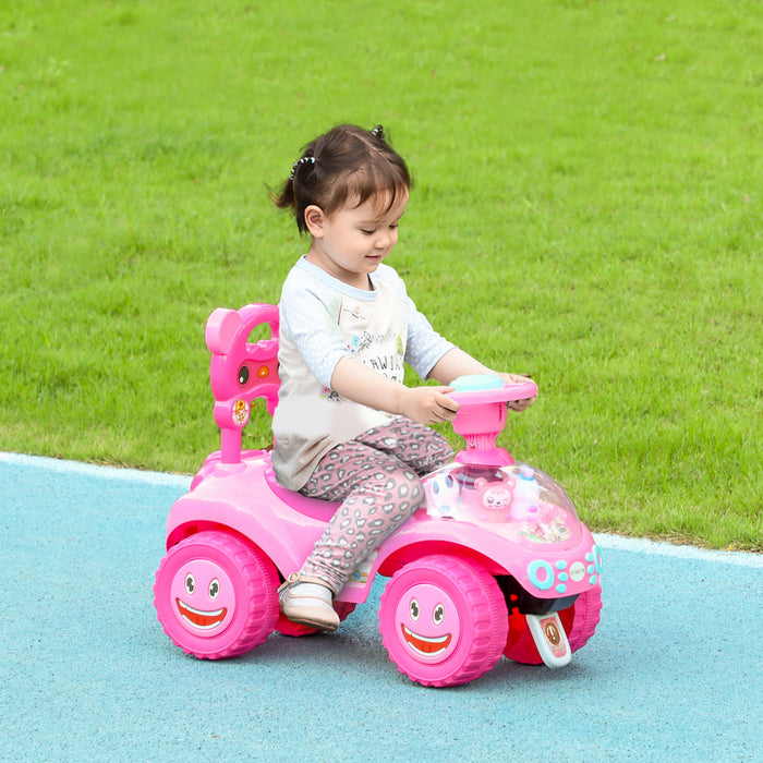 Qaba Push Car For Toddlers, Foot-to-floor Ride On Car Toy With Horn, Light, Music, Anti-over-backwards Device, Steering Wheel, Under Seat Storage For 1.5-3 Years Old, Pink
