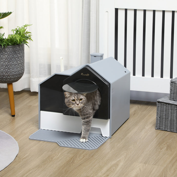 Pawhut Hooded Cat Litter Box With Lid, Kitty Litter Pan With Pull-out Drawer, Handle, Scoop, Deodorizer Packs For Odor Control & Easy-clean, Grey
