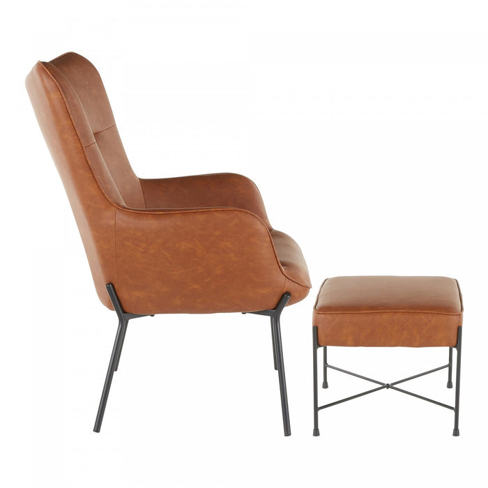 LumiSource Izzy 2-Piece Faux Leather Industrial Accent Lounge Chair and Ottoman - Camel