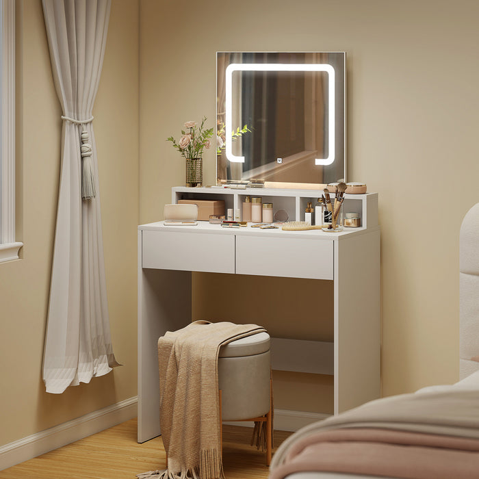HOMCOM Makeup Vanity Desk with Mirror, 3 Colour LED Lights, Drawers, White