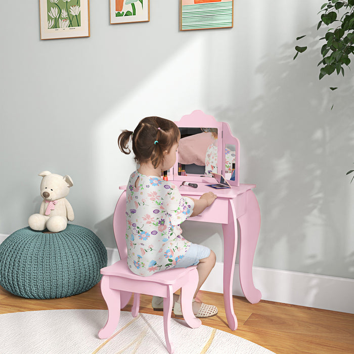 Qaba Kids Vanity Table And Stool, Makeup Vanity Girls Dressing Table Set With Tri-folding Mirrors Drawer Star And Heart Pattern, Pink